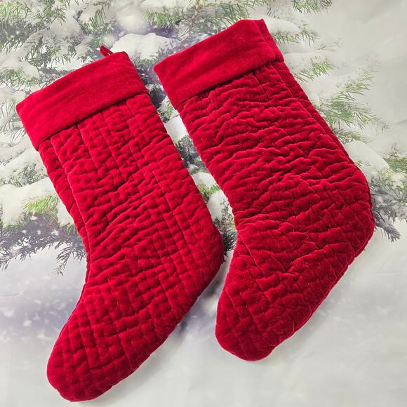 Pair Pottery Barn Christmas Stocking Dark Red Quilted Channel Velvet Medium 2015 - Picture 2 of 13